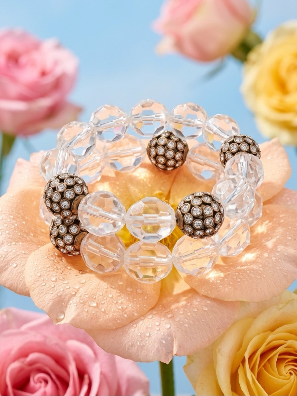 Crystal Bead Stretch Bracelet with Pavé Accent Beads - Clear